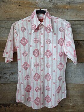 Vintage 70s Kings Road Sears Shirt 14 S Red White Medallion Print Japan Disco